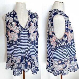 Cabi Peplum Blouse White Blue Paisley Sleeveless Top Size M ✨50% Off Bundles 3+
